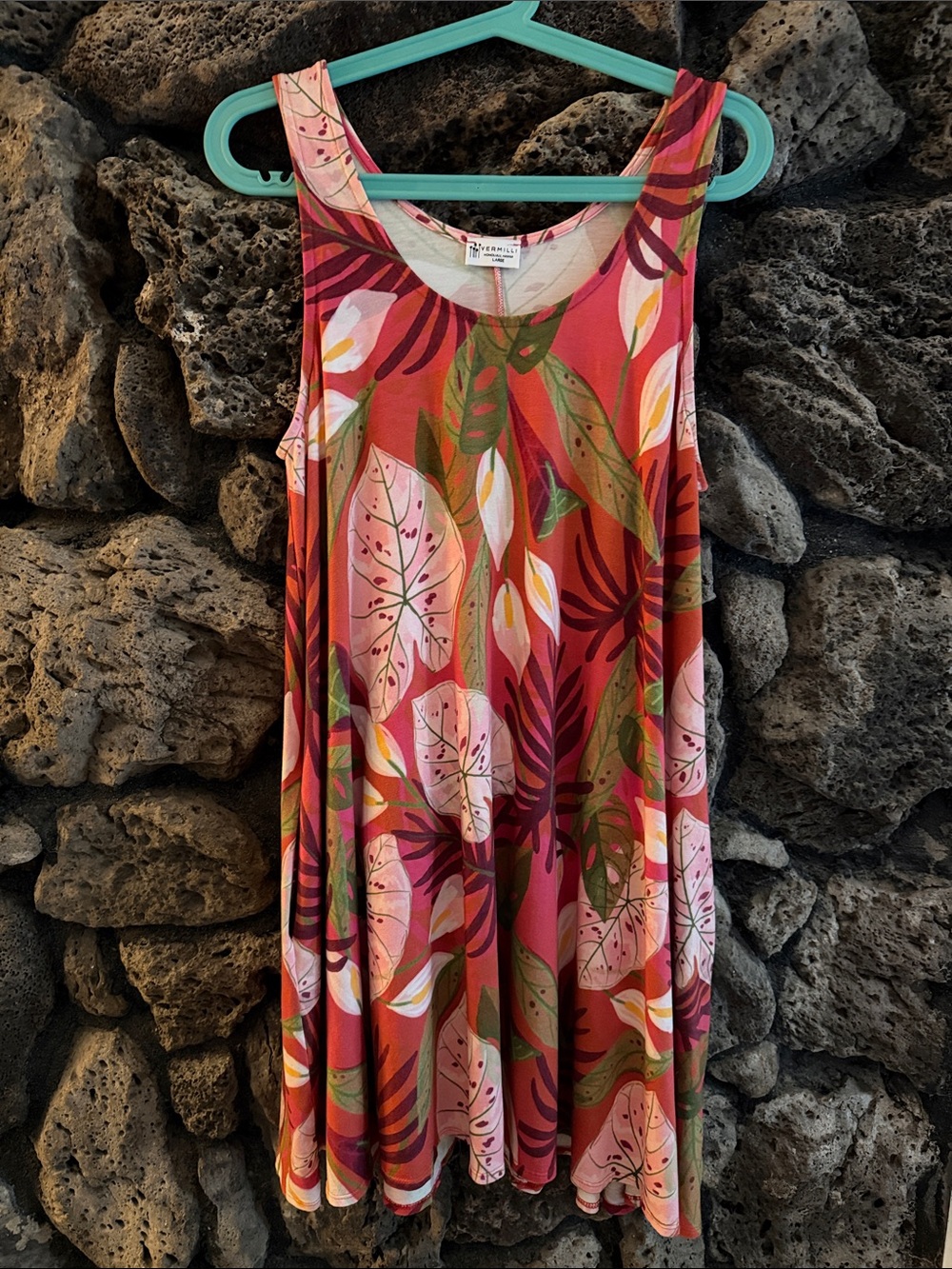 Vermilli Hawaii - Tropical Plant Monstera Print Swing Dress - Coral Pink - Sz L